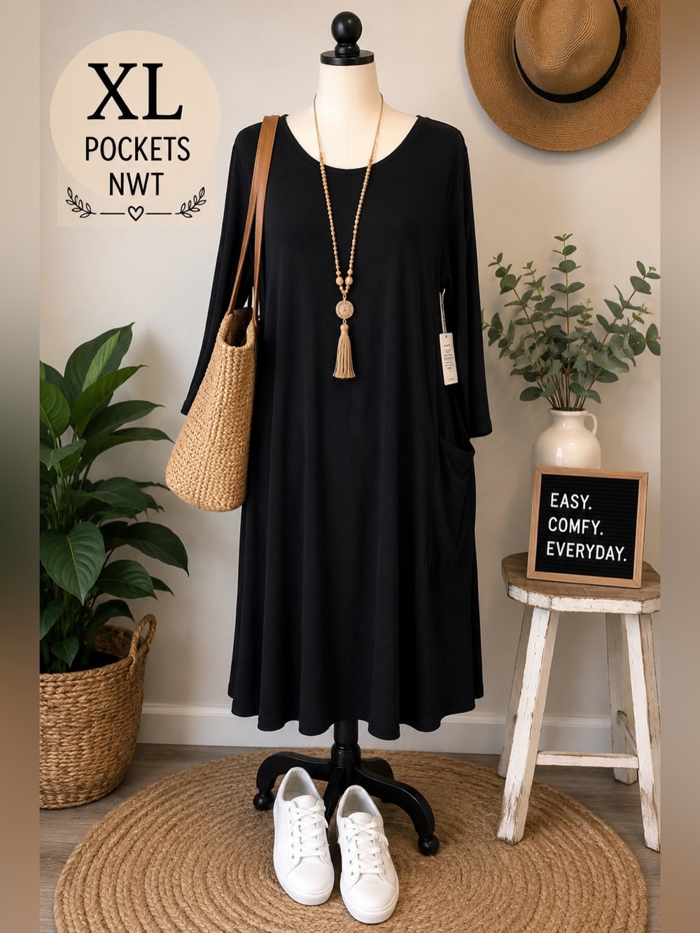 NWT Women’s XL Black Swing Dress Pocket Dress Rayon Stretch Casual Travel